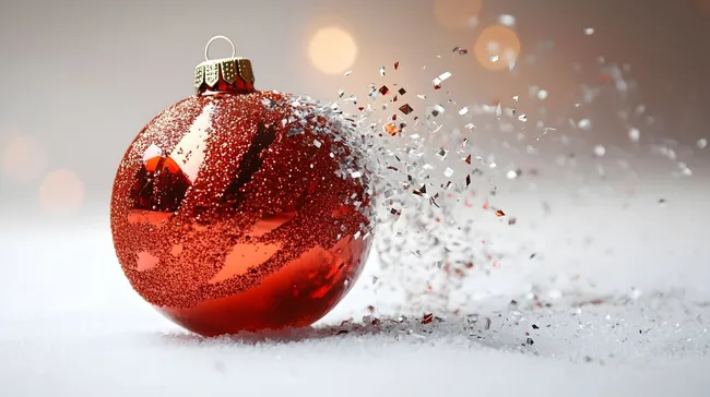 Zerbrochene rote Weihnachtskugel im Schnee