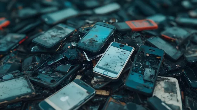 Zerbrochene Smartphones in buntem Elektronikschrott