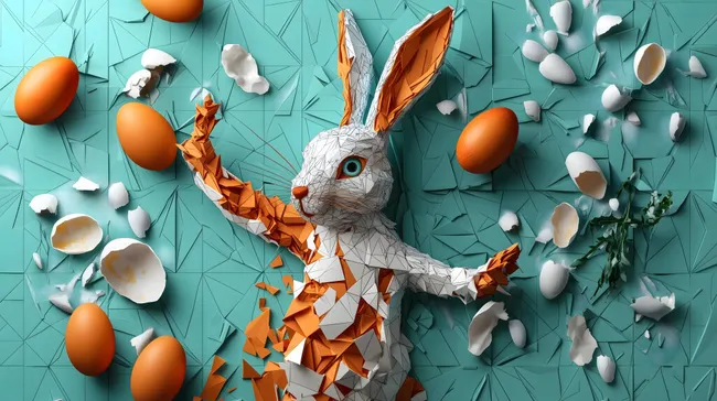 Zerbrochener Osterhase mit Eiern auf türkisfarbenem Hintergrund