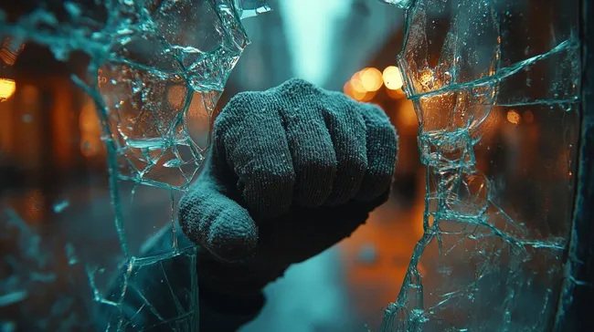 Zerbrochenes Glas mit Handschuh im Fokus