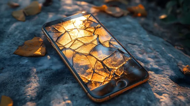 Zerbrochenes Smartphone-Display im Herbstlaub