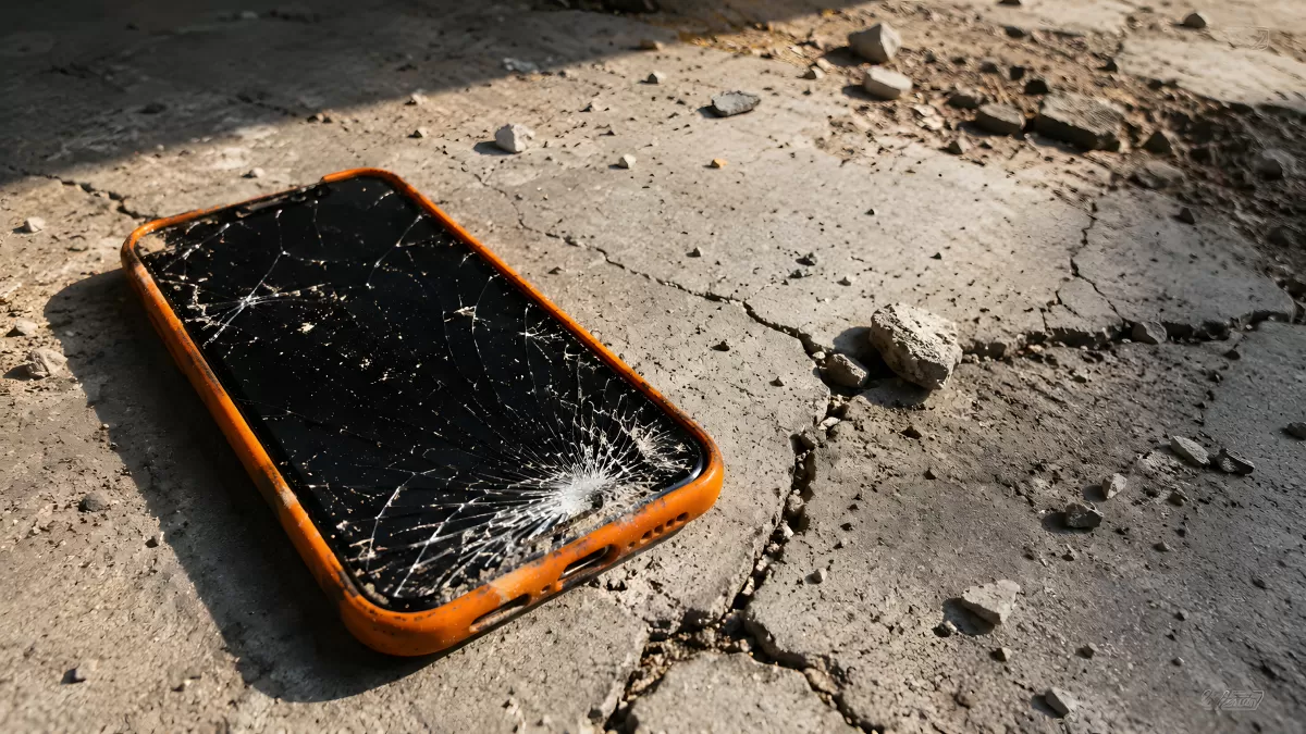 Zerbrochenes Smartphone mit orangefarbener Hülle auf Beton