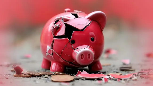 Zerbrochenes Sparschwein mit Münzen auf dem Boden