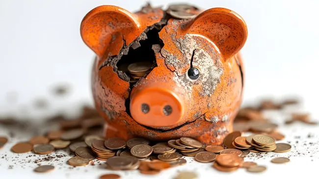 Zerbrochenes Sparschwein mit Münzen in finanzieller Krise