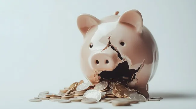 Zerbrochenes Sparschwein mit verstreuten Münzen