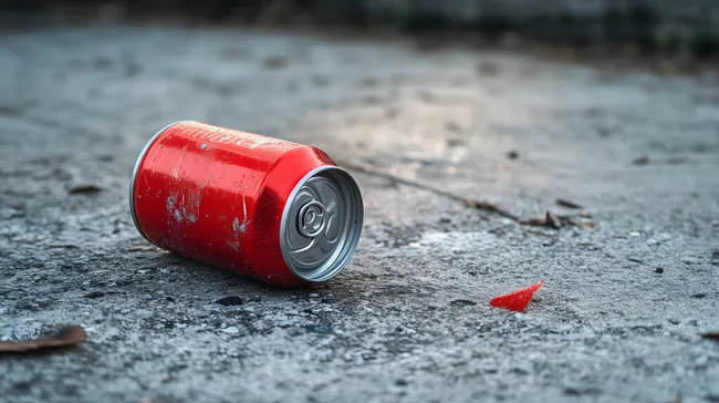 Zerdrückte rote Getränkedose auf grauem Betonboden