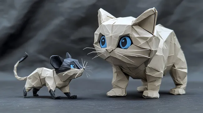 Zerknitterter Origami-Katzenkopf und -Maus auf Schwarzem