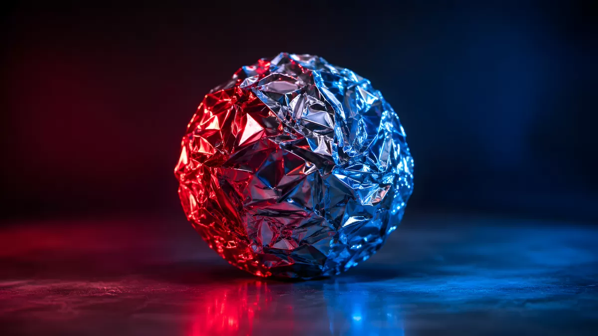 Zerknüllte Aluminiumfolie als Kugel in Rot und Blau
