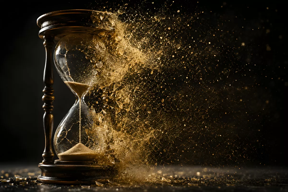 Zerplatzende Sanduhr mit goldenem Staubexplosion