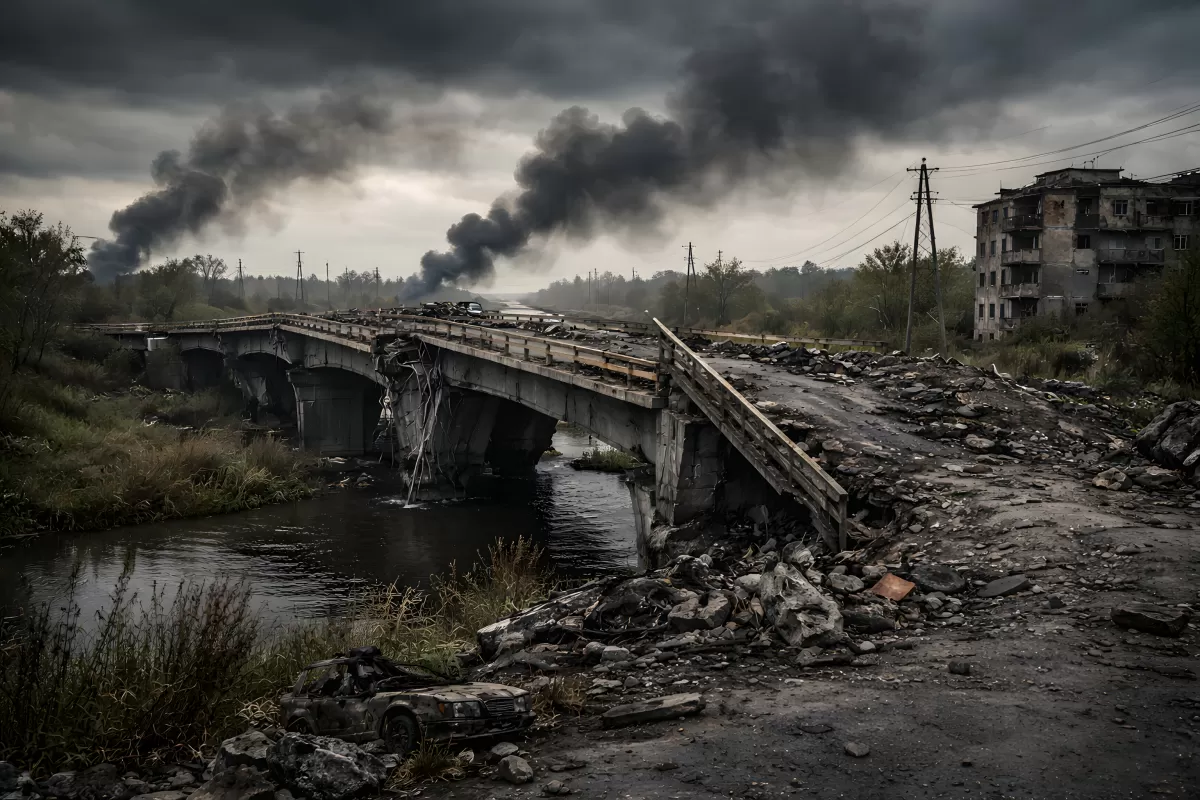 Zerstörte Brücke in Kriegsgebiet der Ukraine