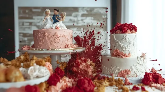 Zerstörte Hochzeitstorte mit roten Blumen nach Seitensprung