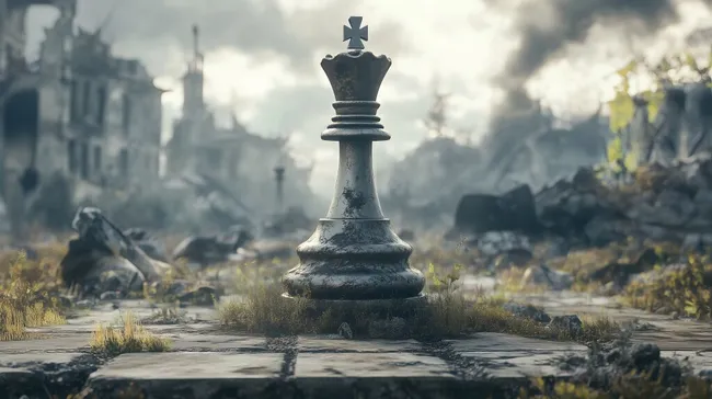 Zerstörte Landschaft mit Schachfigur nach Kriegsgeschehen