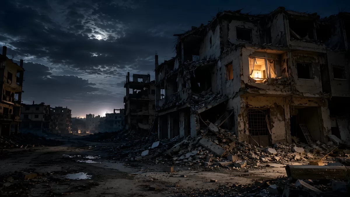 Zerstörte Stadt bei Nacht mit Mondlicht und Ruinen