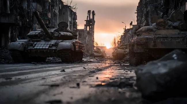 Zerstörte Stadt im Kriegszustand bei Sonnenuntergang