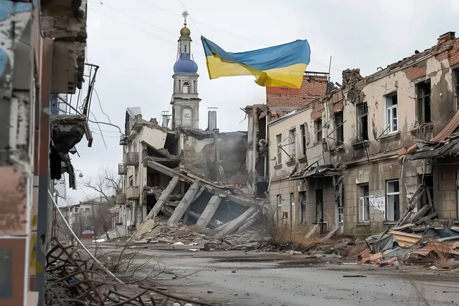 Zerstörte Stadt in der Ukraine im Krieg