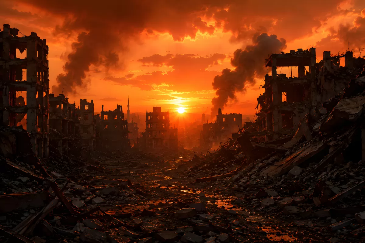 Zerstörte Stadt in Flammen bei apokalyptischem Sonnenuntergang