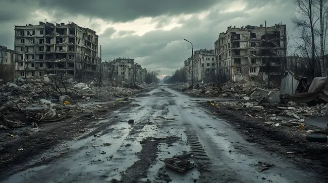 Zerstörte Stadtlandschaft nach Krieg in der Ukraine