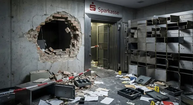 Zerstörter Bankeinbruch in Sparkasse mit Polizeisperrung