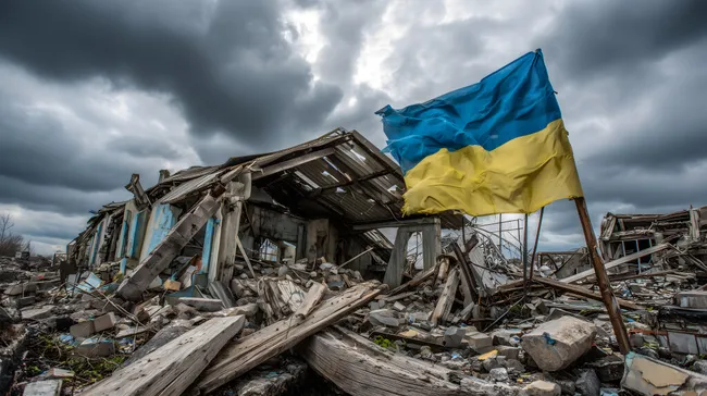 Zerstörter Ort mit ukrainischer Flagge nach Krieg