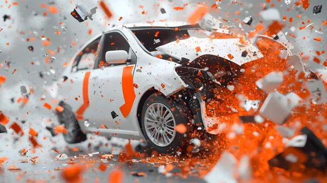 Zerstörter Pkw nach Unfall mit Trümmerexplosion