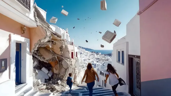 Zerstörung in Santorini: Flucht vor einstürzendem Gebäude