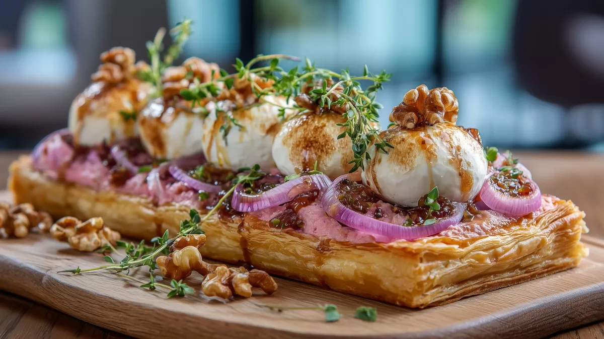 Ziegenkäse Tarte mit Rhabarber Chutney photorealistisch