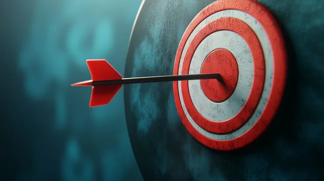 Zielpfeil trifft rote Zielscheibe in dunkler Umgebung