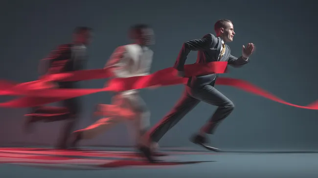 Zielstrebiger Geschäftsmann durchbricht Ziellinie in Bewegungsunschärfe