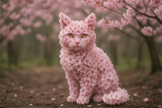 Zierliche Katze aus rosa Kirschblüten im Frühlingswald