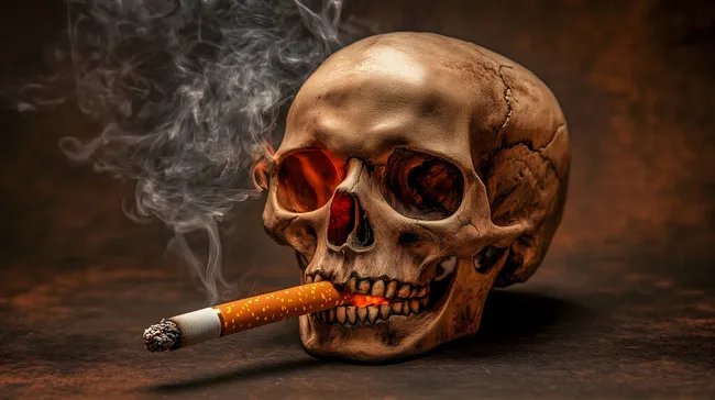 Zigarette im Totenkopf - Warnung vor Rauchen