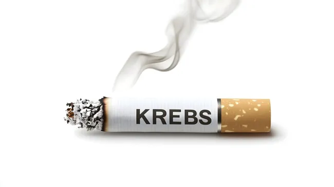 Zigarette mit dem Schriftzug 'Krebs' und Rauchschwaden