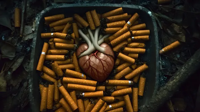 Zigaretten und menschliches Herz in düsterer Bildkomposition