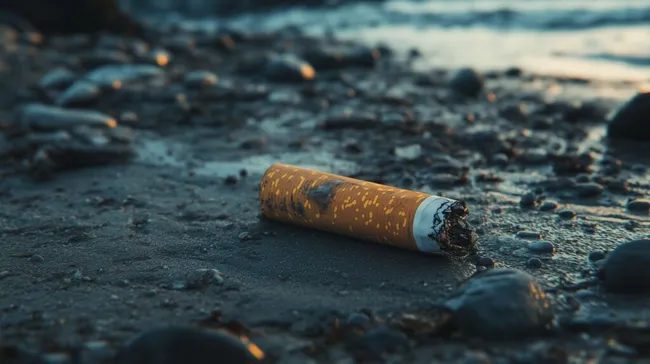Zigarettenstummel am Sandstrand bei Sonnenuntergang