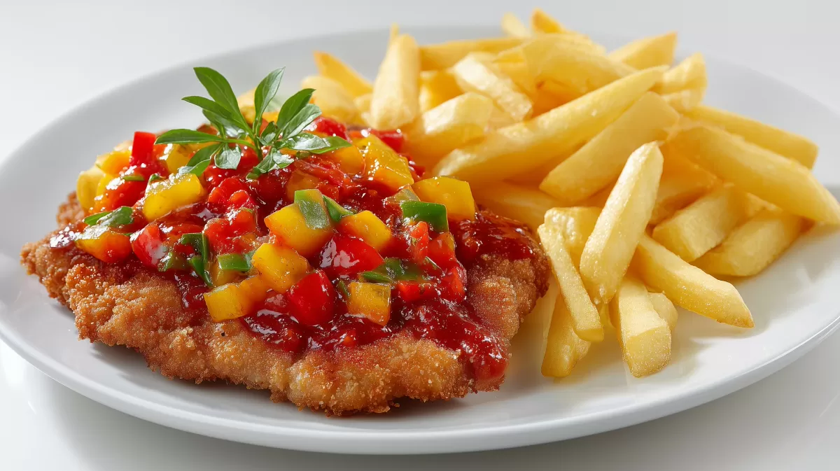 Zigeunerschnitzel mit Pommes auf weißem Teller