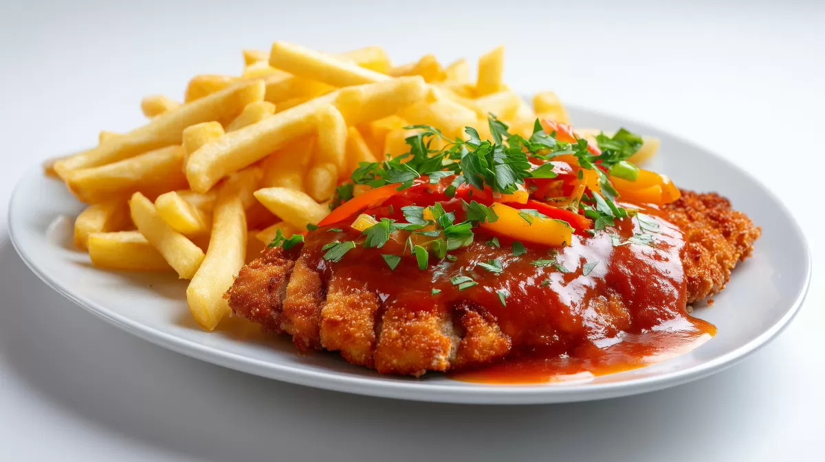 Zigeunerschnitzel mit Pommes und Paprikasauce