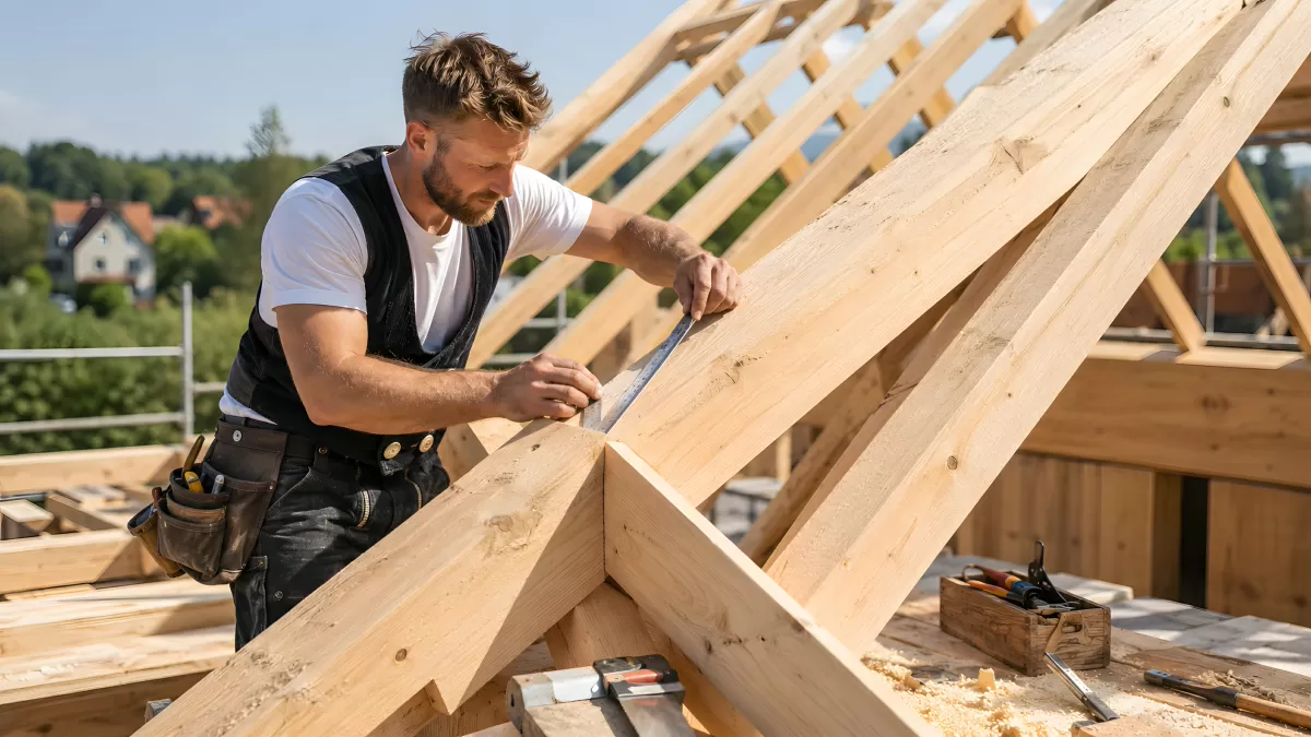Zimmermann arbeitet präzise am Holzdachstuhl