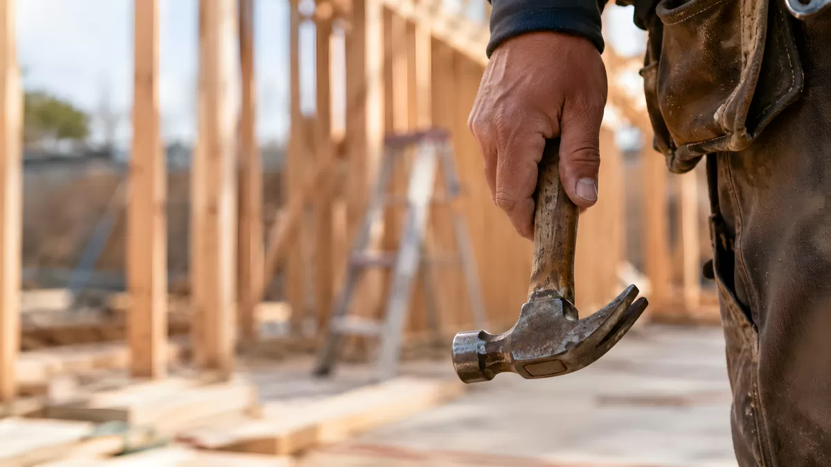 Zimmermann mit Hammer auf Holzbaustelle