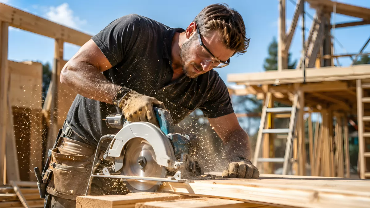 Zimmermann schneidet Holzbalken mit Kreissäge auf Baustelle