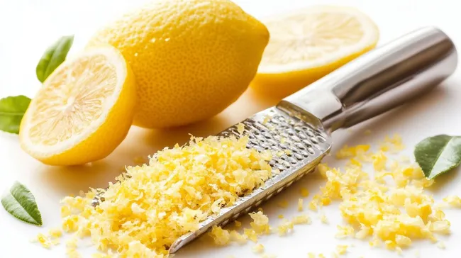 Zitrone auf weißer Oberfläche mit Zestereisen