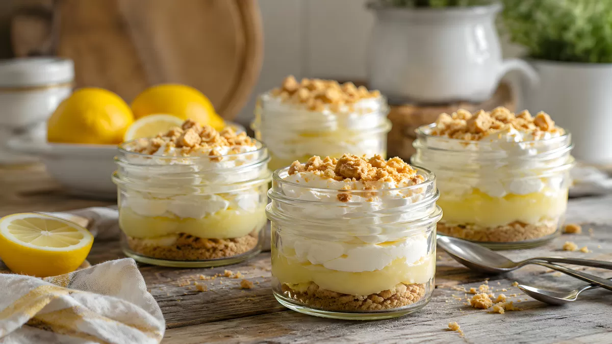 Zitronen-Dessert in Gläsern mit Sahne und Kekskrümeln