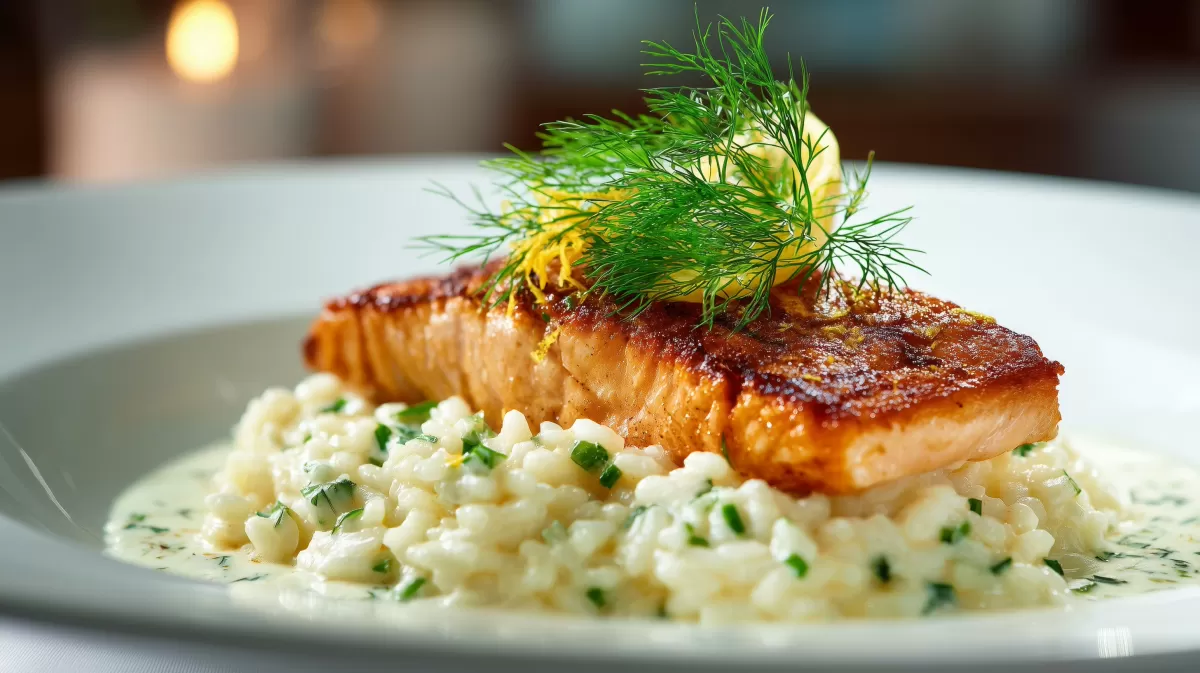Zitronen Risotto mit Lachsfilet und frischem Dill