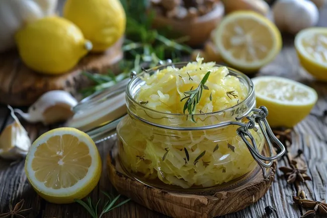 Zitronengekleckerte Würzgläser auf rustikalem Holztisch