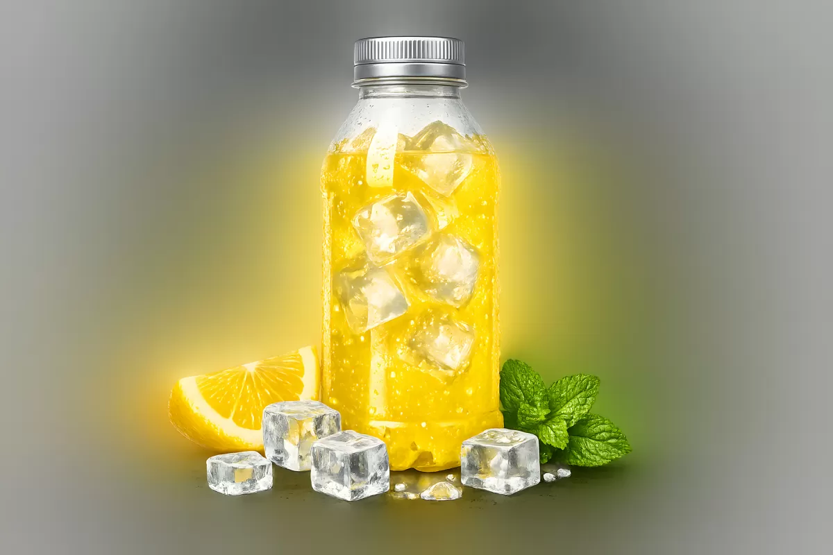 Zitronenlimonade in Flasche mit Eiswürfeln und Minze