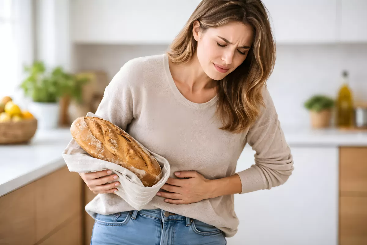 Zöliakie: Junge Frau hält frisches Brot in der