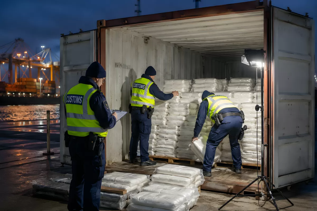 Zollbeamte inspizieren Frachtcontainer im Hafen