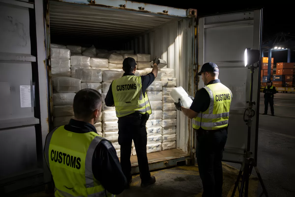 Zollbeamte inspizieren Pakete in Frachtcontainer