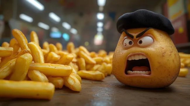 Zornige Kartoffel mit Baskenkappe und Pommes