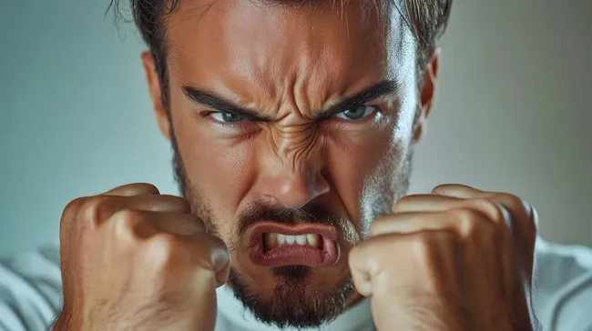 Zorniger Mann mit zusammengebissenen Zähnen