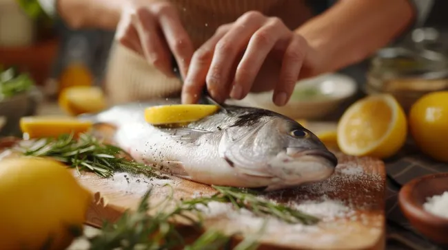 Zubereitung von frischem Fisch mit Zitronen und Kräutern
