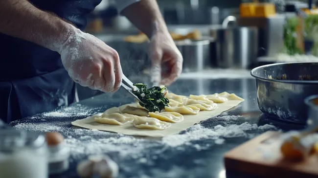 Zubereitung von Maultaschen mit Spinatfüllung in moderner Küche